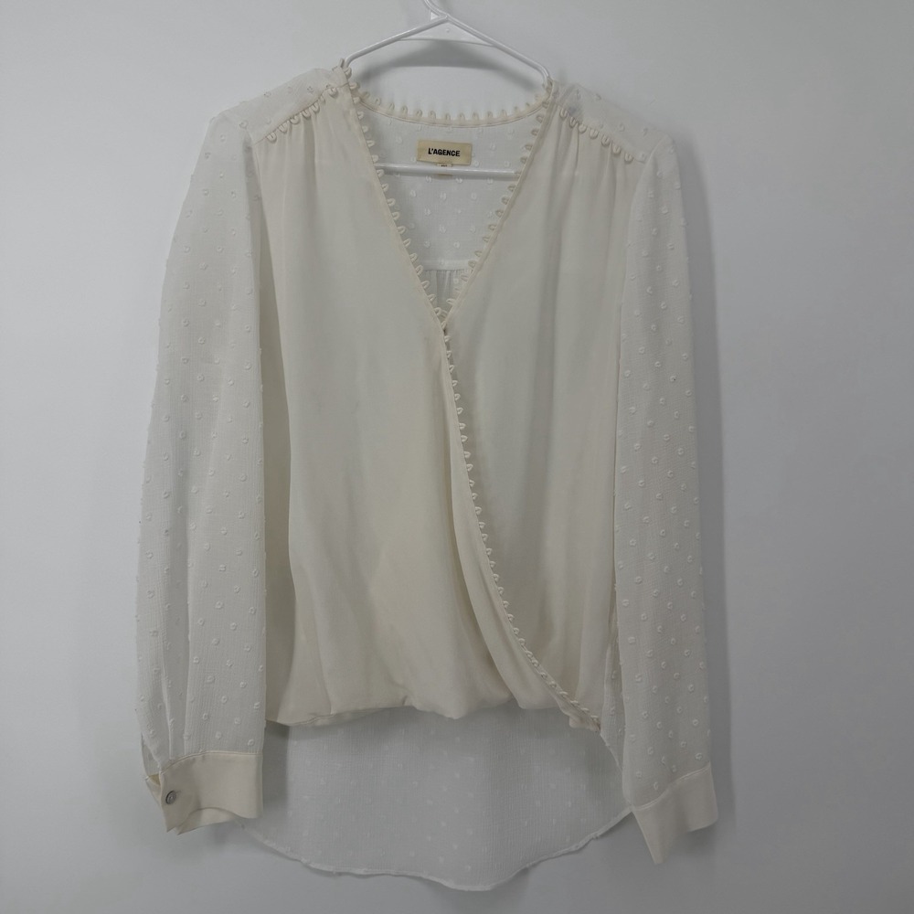 L'Agence Perry Blouse Ivory Women's Size XS 100% Silk Long Sleeve‎ V Neck